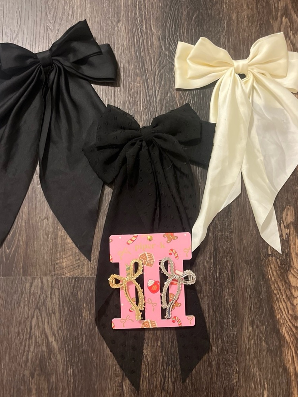 Black and Cream Ribbon Hair Bows for Kids - Pack of 3